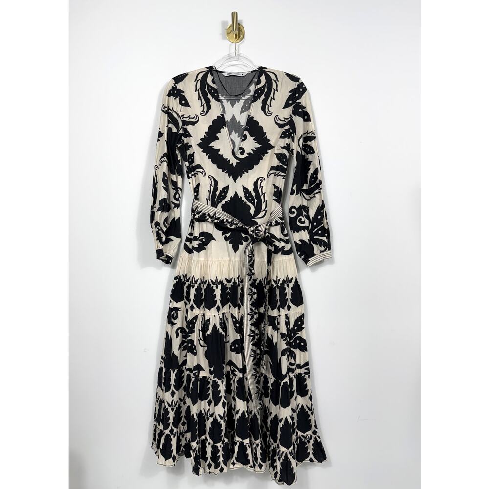 Zara Black Ecru Printed Belted Maxi Dress Ruffle Hem Size XS - Picture 2 of 16